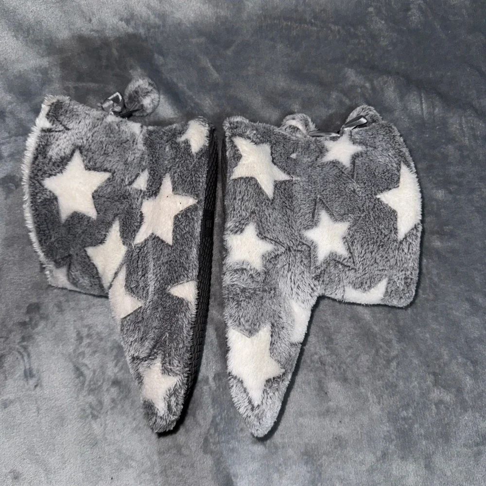 Jessica Simpson Girls Star Print Slipper Boots XL 4-5 Grey Faux Fur Trim
